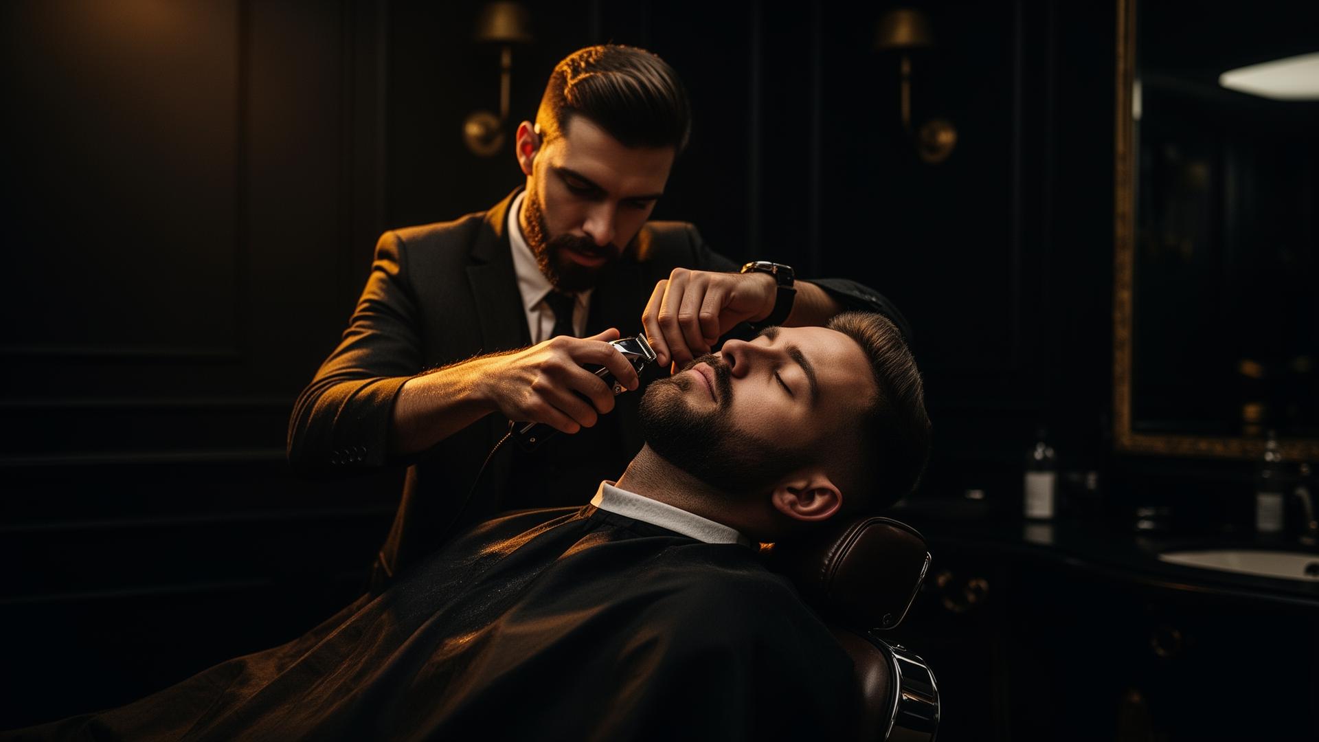 Barbeiro fazendo um atendimento premium em uma barbearia sofisticada